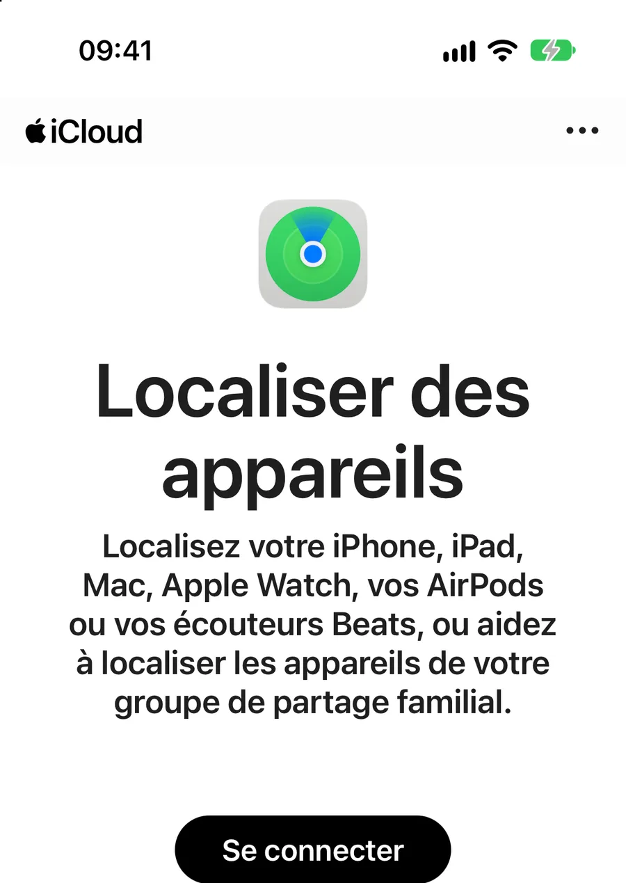 La page icloud.com/find ouverte dans Safari. Sous le logo iCloud, l'icône verte de Localiser, le titre Localiser des appareils, la phrase « Localisez votre iPhone, iPad, Mac, Apple Watch, vos AirPods ou vos écouteurs Beats, ou aidez à localiser les appareils de votre groupe de partage familial. », puis un bouton Se connecter.