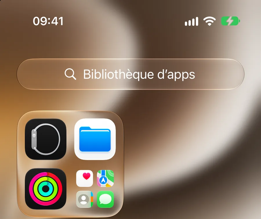La bibliothèque d'apps. En haut, un champ de recherche intitulé Bibliothèque d'apps. En dessous, un dossier qui regroupe des icônes d'applications, dont celle de Fichiers.