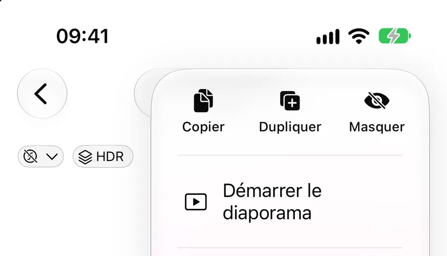 Une photo ouverte dans Photos, menu du bouton « … » déroulé. En haut du menu, trois boutons : Copier, Dupliquer et Masquer. En dessous, Démarrer le diaporama.