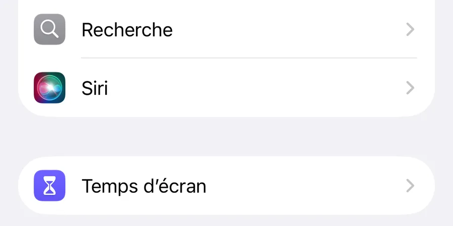 La liste des Réglages. Les lignes Recherche et Siri se suivent, puis Temps d'écran, dans le groupe suivant.