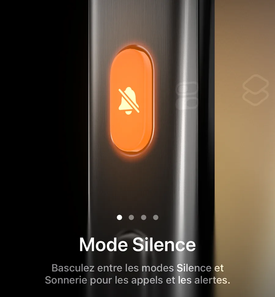 Réglages, Bouton Action. Une illustration montre la tranche d'un iPhone et son bouton, allumé en orange et marqué d'une cloche barrée. En dessous, le titre Mode Silence et la phrase « Basculez entre les modes Silence et Sonnerie pour les appels et les alertes. »