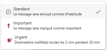 Menu des options de livraison de Teams, ouvert sur trois entrées. Standard, coché, avec la mention « Le message sera envoyé comme d'habitude ». Important, avec un point d'exclamation rouge et la mention « Le message sera marqué comme important ». Urgent, avec une icône de mégaphone et la mention « Destinataire notifié(e) toutes les 2 min pendant 20 min ». En dessous, la barre de rédaction et son bouton plus.