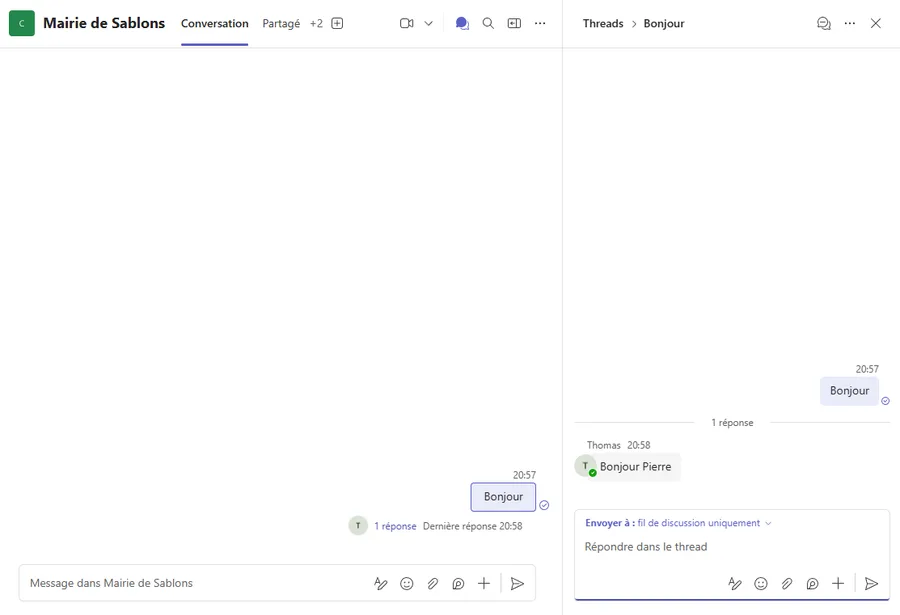 Canal Mairie de Sablons en disposition Fils de discussion, onglet Conversation. Dans le corps du canal, un message « Bonjour » envoyé à 20:57, suivi d'un lien « 1 réponse » et de la mention « Dernière réponse 20:58 ». À droite, un volet intitulé « Threads », suivi du titre du fil « Bonjour ». Il reprend le message d'origine, une séparation « 1 réponse », puis la réponse de Thomas à 20:58, « Bonjour Pierre ». Sous le fil, une zone de saisie annonce « Envoyer à : fil de discussion uniquement ».