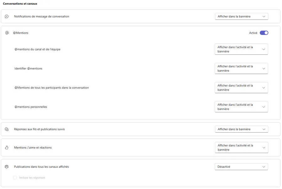 Section Conversations et canaux de la page Notifications et activité de Teams. Notifications de message de conversation : Afficher dans la bannière. Bloc @Mentions, activé, avec quatre lignes toutes réglées sur Afficher dans l'activité et la bannière : @mentions du canal et de l'équipe, Identifier @mentions, @Mentions de tous les participants dans la conversation, @mentions personnelles. Réponses aux fils et publications suivis : Afficher dans la bannière. Mentions J'aime et réactions : Afficher dans l'activité et la bannière. Publications dans tous les canaux affichés : Désactivé, avec une case Inclure les réponses grisée en dessous.