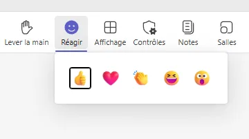 Barre de commandes d'une réunion Teams, avec de gauche à droite Lever la main, Réagir, Affichage, Contrôles, Notes et Salles. Le bouton Réagir est sélectionné et ouvre une rangée de cinq réactions : pouce levé, cœur, applaudissements, rire et surprise.