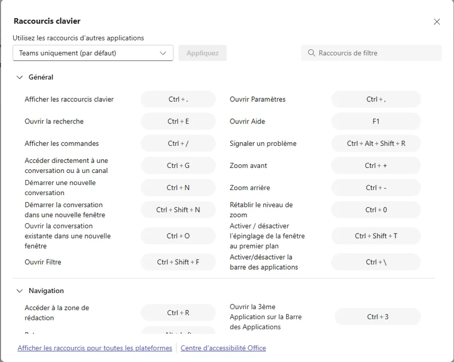 Fenêtre Raccourcis clavier de Teams. En haut, un menu « Utilisez les raccourcis d'autres applications » réglé sur Teams uniquement, et un champ de recherche. Section Général : Afficher les raccourcis clavier Ctrl + point, Ouvrir Paramètres Ctrl + virgule, Ouvrir la recherche Ctrl + E, Ouvrir Aide F1, Afficher les commandes Ctrl + barre oblique, Accéder directement à une conversation ou à un canal Ctrl + G, Démarrer une nouvelle conversation Ctrl + N, Ouvrir Filtre Ctrl + Maj + F, et d'autres. Le début de la section Navigation apparaît en bas.